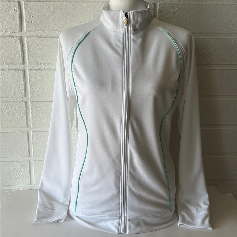 Pebble Beach Women’s White Zip-Up Jacket with Green Accents -